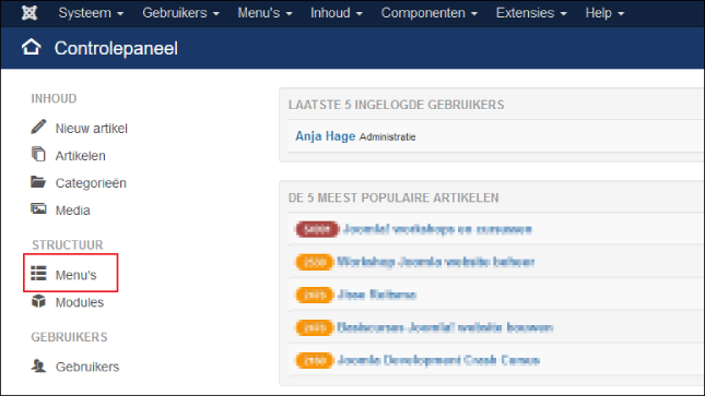 Joomla 3 control panel link naar menu's en menu-items